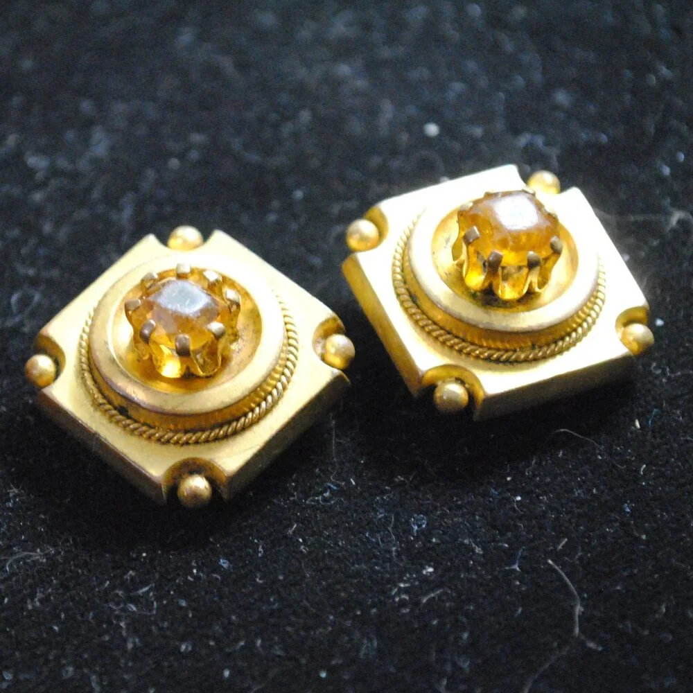 Unique Victorian Collar Buttons / Cufflinks with Amber Colored Stones